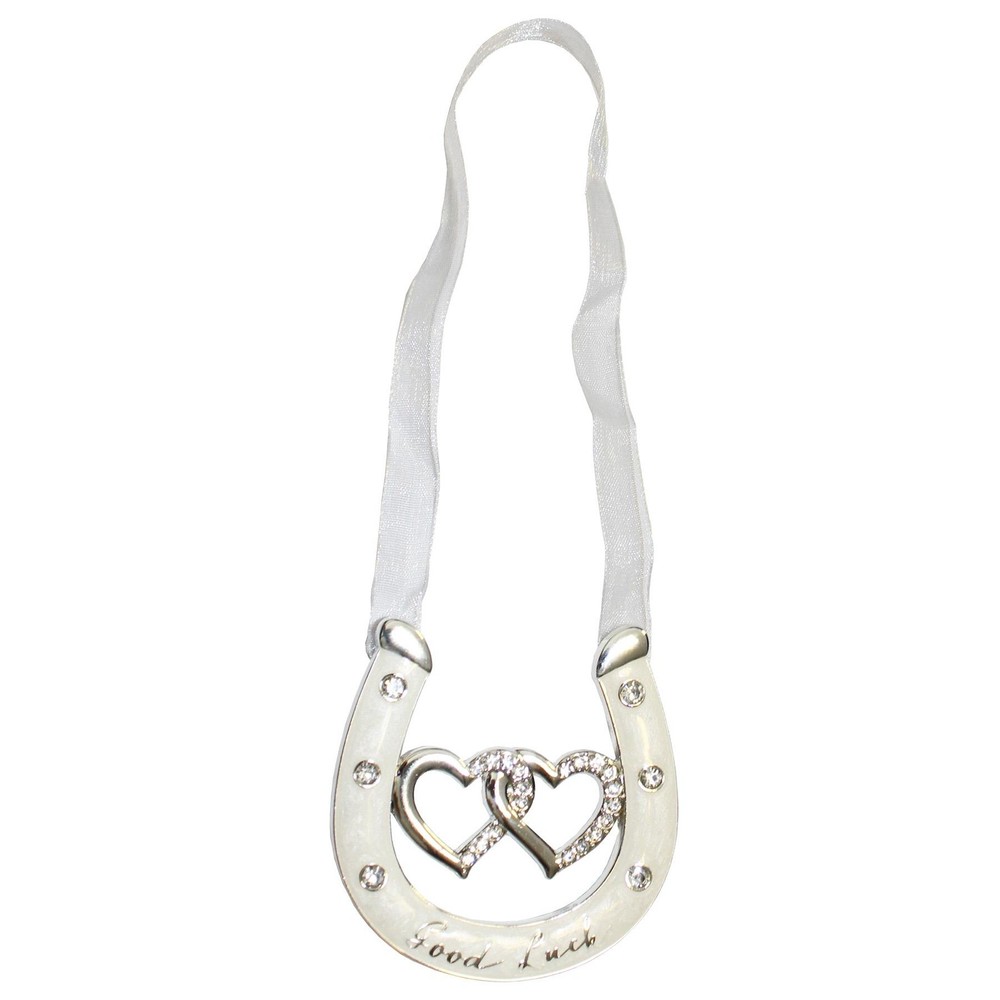 Wedding Good Luck Double Heart Horseshoe with Diamanté Silver / Enamel