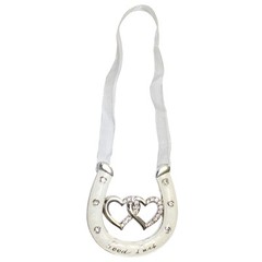 Wedding Good Luck Double Heart Horseshoe with Diamanté Silver / Enamel