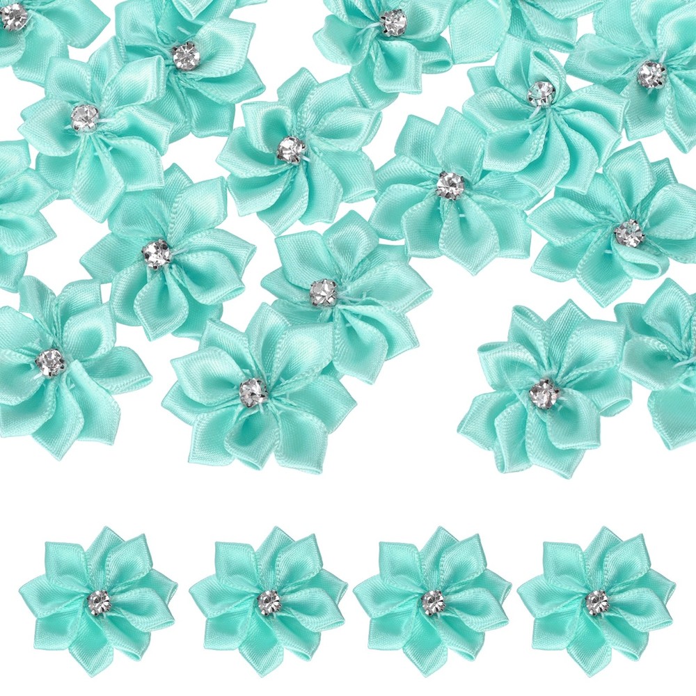 100 Pcs Ribbon Flowers, 1.2 in Fabric Flowers with Rhinestones, Light Green