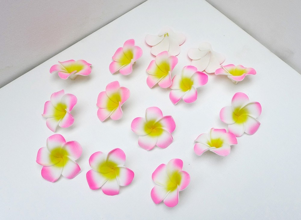 50 Pcs x 2″ Artificial Flower Foam Pink with Yellow Plumeria Heads for Weeding