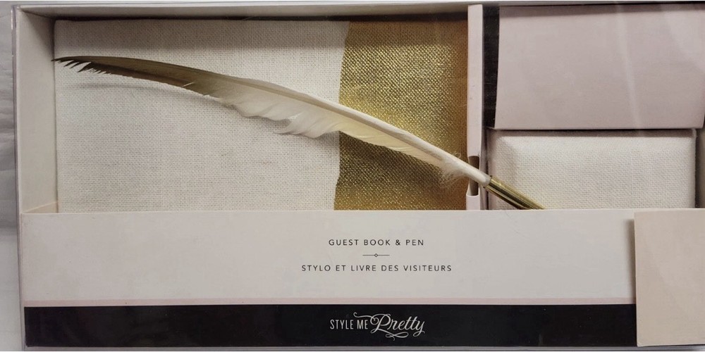 Wedding Guestbook & Feather Pen Set Gold Elegant Classic by Style Me Pretty NEW