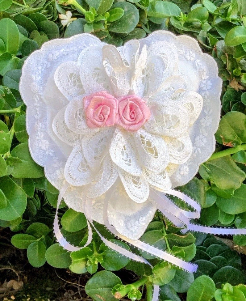 Wedding Ring Bearer Pillow White Lace Heart Cushion Pink Roses Keepsake Gift New