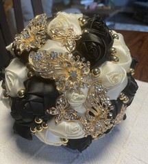 NEW Quinceañera or Wedding Bouquet Black & Ivory with Gold Brooches