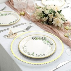 24 White 9″ Round Paper Plates Eucalyptus Geometric Gold Rim Design Party Events