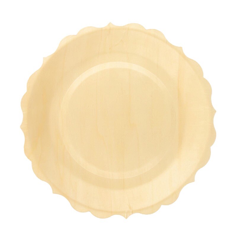 12 Round 9″ Natural Birch Wood Dinner Plates Scalloped Rim Party Events Supplies