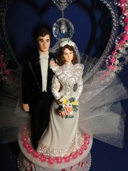 New Vintage Bride & groom black tux with pink beaded trim Wedding Cake Top #234