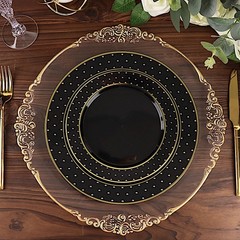 10 BLACK 10″ Round Plastic Salad PLATES GOLD 3D Dotted Rim Events Decorations