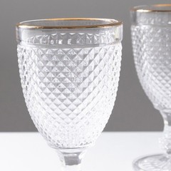 6 pack 8 oz Clear Glass Wine Goblets with Gold Rim and Embossed Diamond Pattern