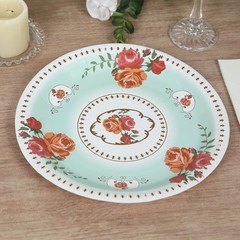25 TURQUOISE 9″ Paper Round Plates with Vintage Rose Flower Print Wedding