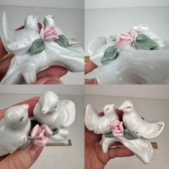 2 Vtg White Figurines Birds Doves Roses Leaves Branch Wedding Tabletop Deco Gold