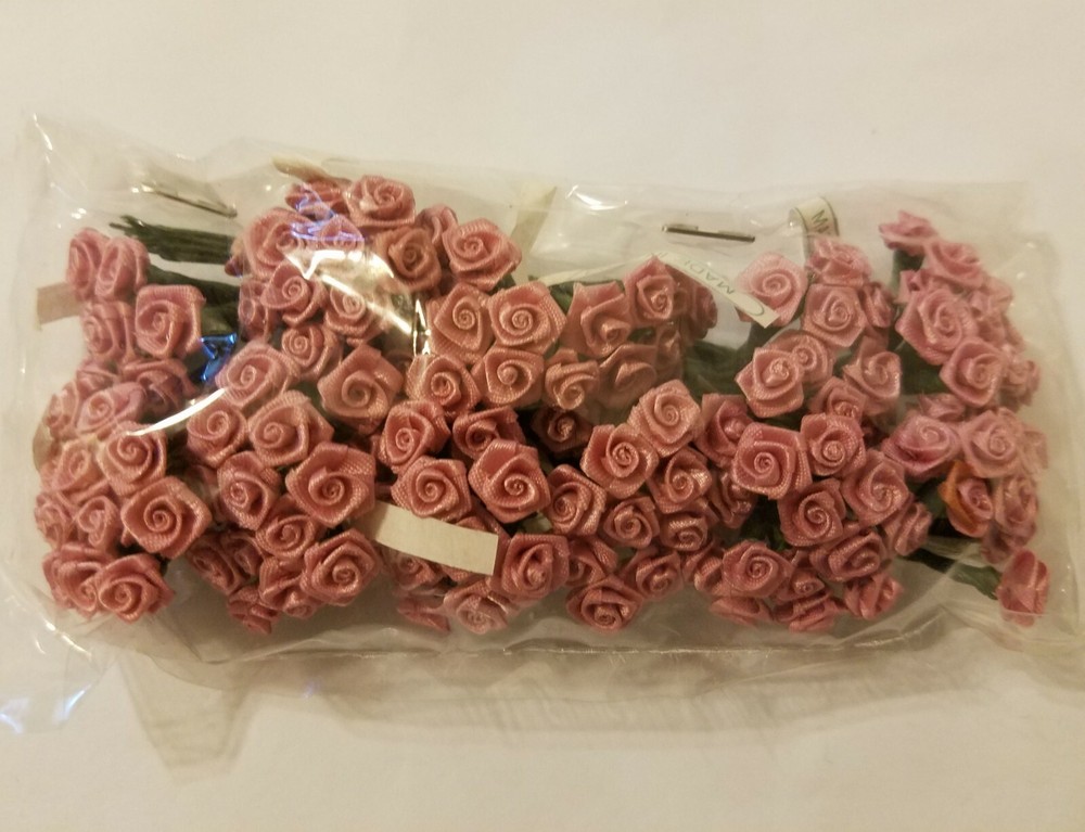Lot 144 pcs Mini Tiny Pink Satin Ribbon Roses Flowers 10mm 3/8″ on Wire Stem