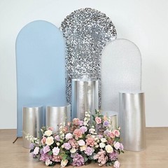 5 SILVER Fitted Metallic Spandex Cylinder Display STAND COVER Set Party Events