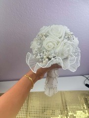 White Rose Bridal Bouquet Crystal Rhinestone Faux Pearl Wedding Brooch Bouquet