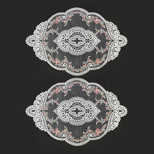 2Pcs Oval Embroidered Retro Lace Placemats for Home 14.6 X 9.8 Inch White