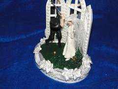 New Vintage Bridal Couple Golfers with Chapel Church Mirror Windows Caketopper