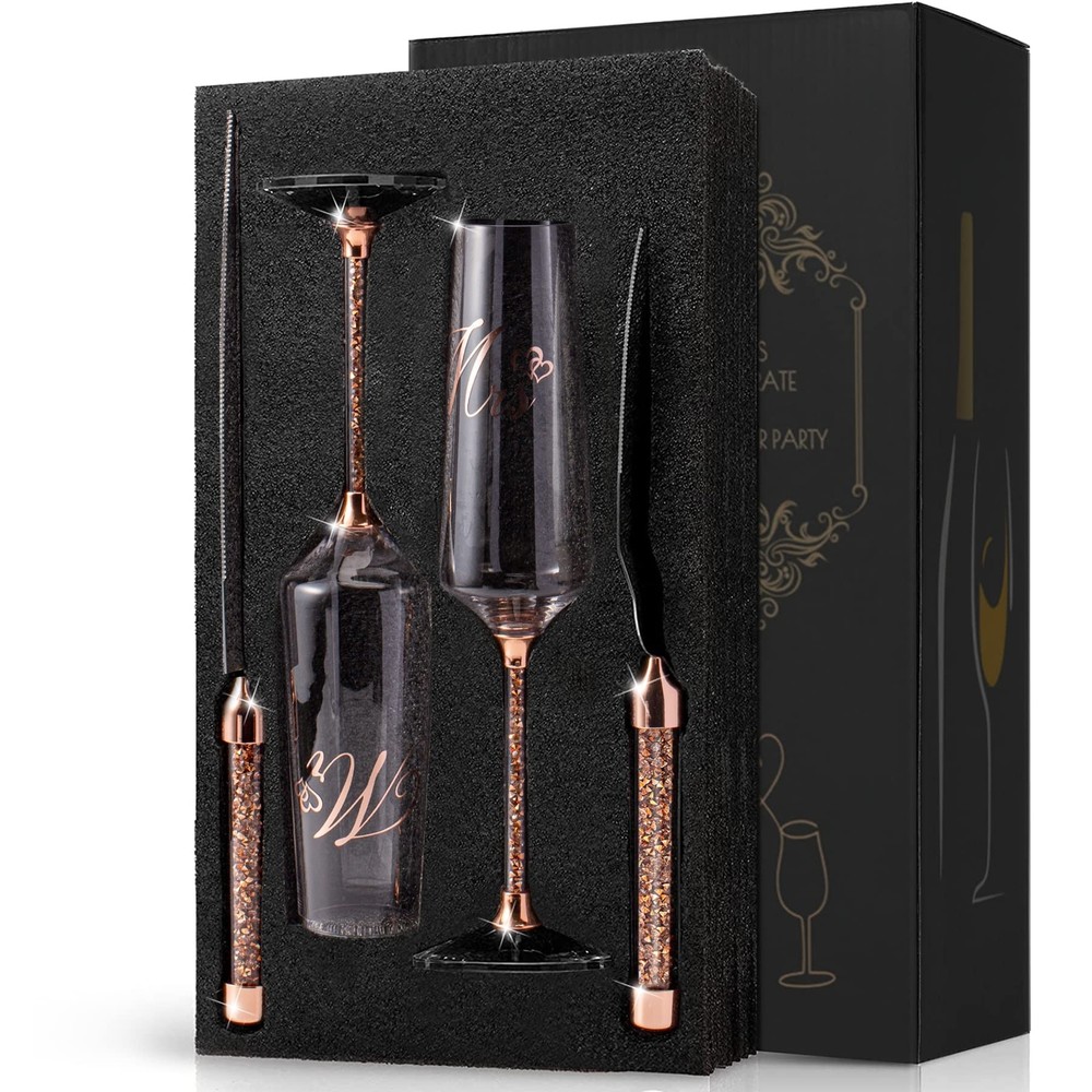 Wedding Cake Knife and Server Set, Champagne Flutes Engraved Mr and Mrs for W…