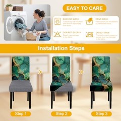 Marble Chair Covers Set of – Green Gold Abstract Pattern Stretch Dining 4 25