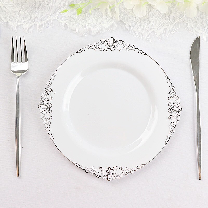 10 WHITE SILVER 8″ Round Plastic Salad Dinner PLATES Embossed Baroque Rim Party