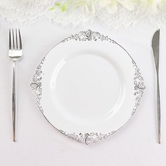 10 WHITE SILVER 8″ Round Plastic Salad Dinner PLATES Embossed Baroque Rim Party