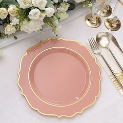 30 DUSTY ROSE 10.5″ Round Plastic Dinner Plates GOLD Scalloped Rim Events