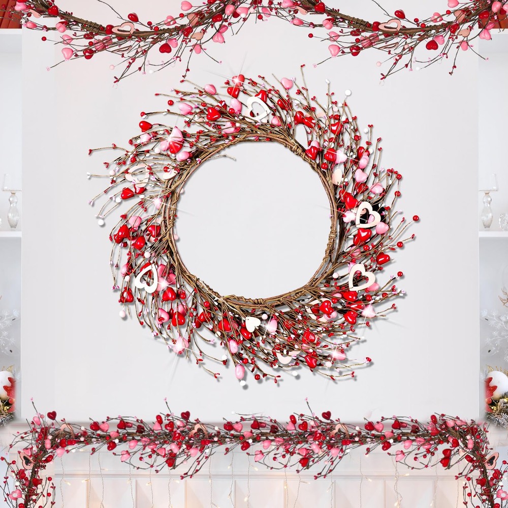 Hotop 6 Feet Valentine’s Day Berry Garland Red Pink Red, Pink, White
