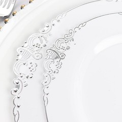 10 WHITE SILVER 8″ Round Plastic Salad Dinner PLATES Embossed Baroque Rim Party