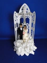 New Vintage Dark skin Bride & Groom chapel arch/cross Wedding Cake Top, # 298