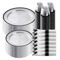 350 Piece Plastic Dinnerware Set for Party, Clear 350 Piece (50 guests) Black