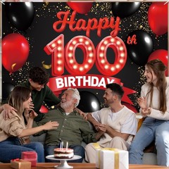 Happy 100th Birthday Red and Black Banner Backdrop Decorations Balloons Theme…