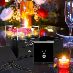 Lebana Preserved Pink Real Rose with Heart I Love You Necklace -Eternal