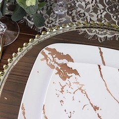 10 WHITE ROSE GOLD Square Metallic Marble Plastic Salad DINNER PLATES Party