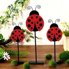 Menkxi 3 Pcs Ladybug Decor Set Table Spring Wooden Tabletop Brown