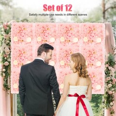 3D Flower Wall Panel-12pcs Artificial Flower Wall Background Silk Rose Wedding