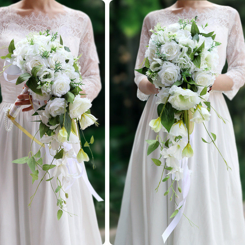 1pc Waterfall Bride Holding Flowers Wedding Photo Props Simulation Rose Bouquet