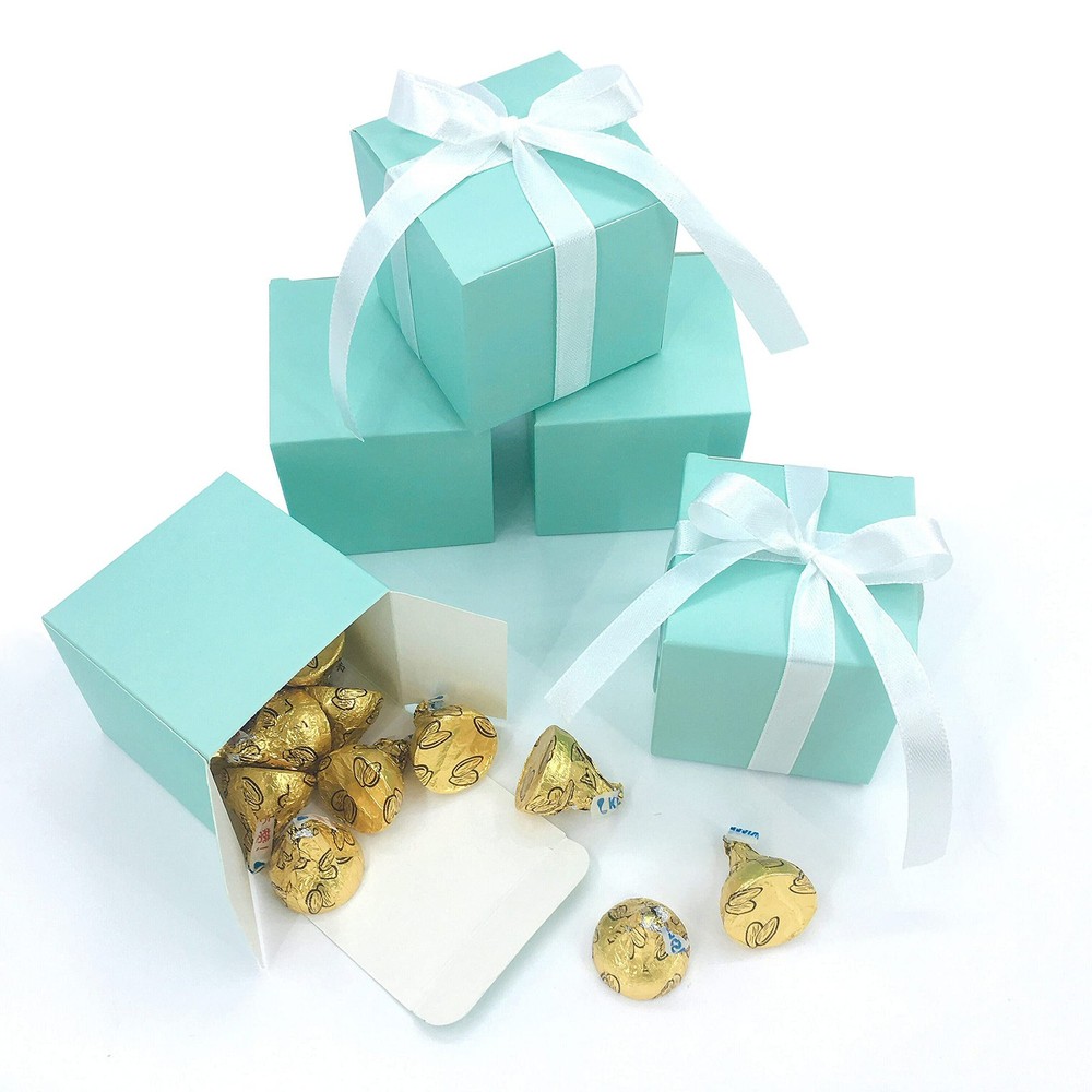 Small Cube Turquoise Candy Treat Boxes Bulk 50 count (Pack of 1), Teal Blue