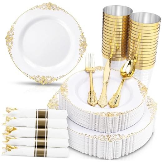 3PCS Plastic Plates – Plastic Dinnerware Sets for Guests – 100 50 Gold