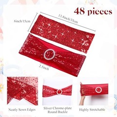 54 Pcs Sequin Chair Sashes and Table Runners, 48 Sequin Chair Bows, 6 Red