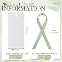 100 PCS Sage Green Blank Name Place Cards With Satin Ribbon 1.57×3.54 Inch