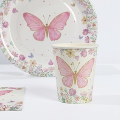 96 White Pink Butterfly Print Disposable Tableware Set Party Events Decorations