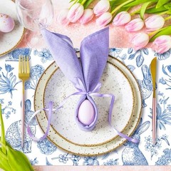 6 Pcs Blue White Easter Placemats Set Plastic Place Mat Retro Bunny Rabbit