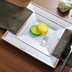 Plastic White 10″ Square Plates Rose Gold Rim Disposable Party Wedding TABLEWARE