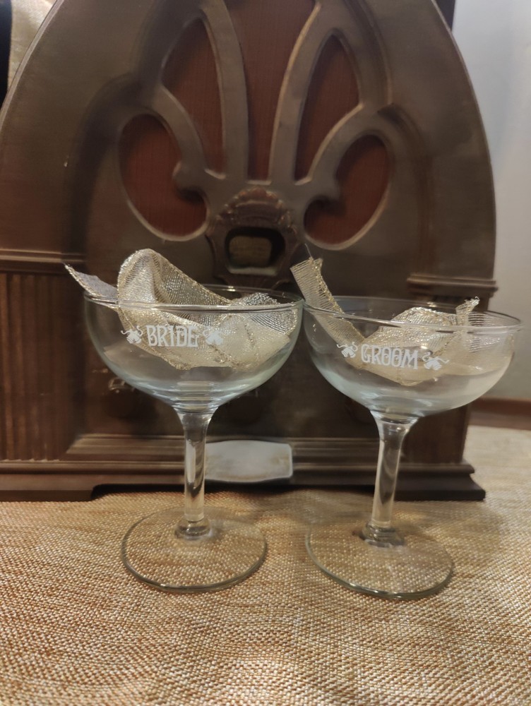 Vintage Bride And Groom Champagne Coupe Glasses Set of 2 1950s wedding toast