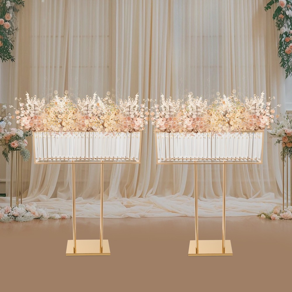 2pcs Crystal Flower Stand Rectangular Wedding Gold Centerpieces Stand 90*70cm