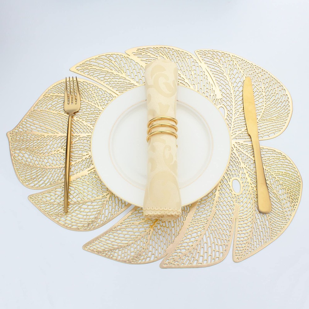 Evevda Gold Leaf Shaped Vinyl Placemats for Dinner Table Set of 8,