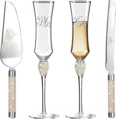 Wedding Cake Knife and Server Set with Rhinestone Champagne Flutes Gift Set