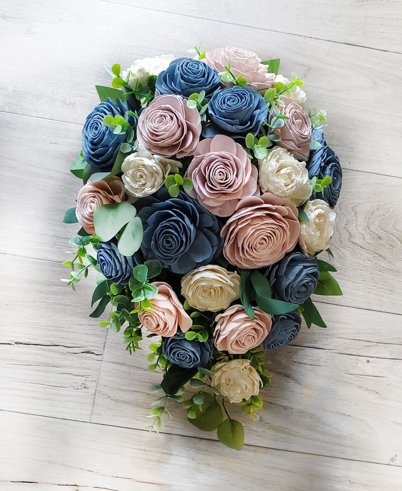 Pink Dusty Blue Cascade Bridal Bouquet made of Sola Wood Flowers for Wedding