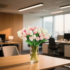 20pcs White Faux Tulips Flowers Fake Flowers Bouquets 13.5″ White and Pink
