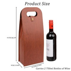 Brown Portable 2 Bottle PU Leather Wine Tote Carrier Insulated Cooler Bag