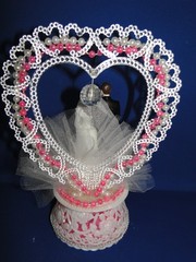 New Vintage Bride & groom black tux with pink beaded trim Wedding Cake Top #234