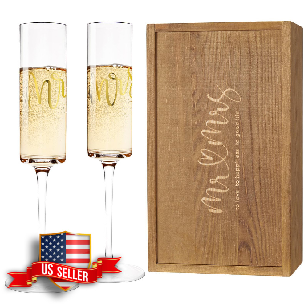 Mr and Mrs Champagne Flutes Set of 2 with Wooden Box